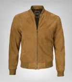Men’s Light Brown Real Suede Bomber Jacket Classic Zip Front Style - Image 3