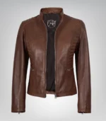 Women’s premium cognac waxed leather biker jacket