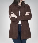 Women’s Dark Brown Suede Button-Down Coat 3/4 Length Real Suede Jacket - Image 3