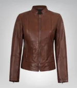 Women’s premium cognac-toned leather biker jacket