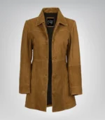 Women’s 3/4 Length Camel Brown Suede Button-Down Coat Real Suede Jacket - Image 3