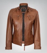 Women’s premium tan lambskin leather biker jacket with quilted design