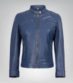 Women’s premium blue leather moto jacket with contemporary cut