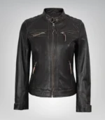 Women’s premium distressed brown leather quilted moto jacket