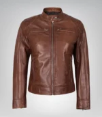 Women's Cognac Waxed Motorcycle-Style Leather Jacket - Image 3