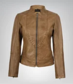 Amy women’s premium camel brown leather biker jacket