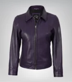 Women’s premium purple leather biker jacket with classic shirt collar