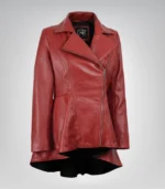 Women’s premium red leather jacket featuring peplum and diagonal zip