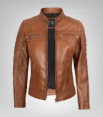 Women’s premium tan leather moto jacket