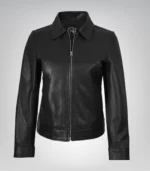 Premium black leather Harrington jacket for women with classic shirt collar