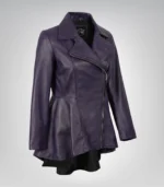Stylish purple leather peplum jacket for women with flared frock shape