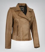 Women’s premium camel brown leather biker jacket