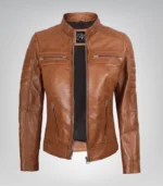 Women’s premium tan leather motorcycle-style jacket