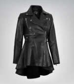 Women’s real leather jacket in black featuring asymmetrical peplum silhouette