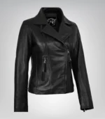 Premium black leather biker jacket for women in asymmetrical style