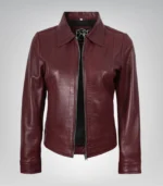 Women’s premium burgundy leather jacket with shirt-style collar