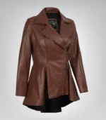 Cognac real leather peplum-style jacket for women