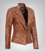 Women’s premium tan leather motorcycle-style jacket