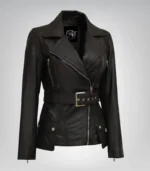 Women’s premium longline black leather biker jacket with belt