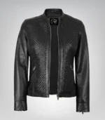 Premium black textured leather biker jacket for women
