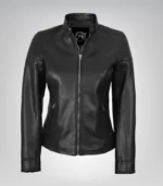 Women’s premium black leather moto jacket with classic design