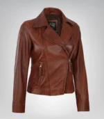 Women’s premium cognac leather moto jacket