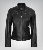 Women’s quilted-detail black leather biker jacket