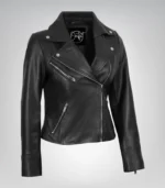Rita women’s premium leather motorcycle jacket with angled front closure
