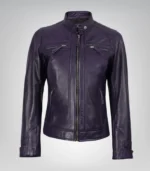 Women’s quilted-shoulder leather biker jacket in purple