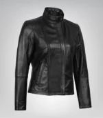 Slim-fit black leather motorcycle jacket for women