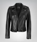 Women’s asymmetrical black leather motorcycle jacket