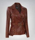 Women’s premium cognac waxed leather biker jacket featuring belted waist