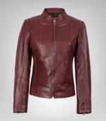 Premium women’s burgundy leather moto jacket in slim fit