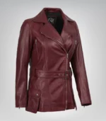 Maroon asymmetrical leather moto jacket for women