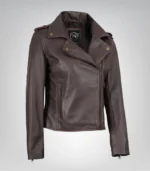 Asymmetrical zip dark brown leather biker jacket for women