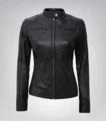 Black slim-fit leather moto jacket for women