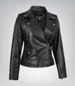 Women’s black real leather biker jacket with angled zipper