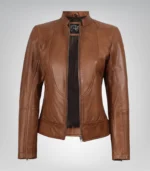 Slim-fit tan leather biker jacket for women
