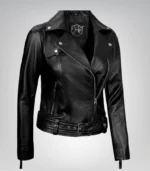 Asymmetrical moto-style black leather jacket for women