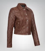 Women’s quilted leather crop jacket in premium cognac finish