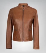 Premium tan leather jacket for women in fitted style
