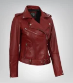 Classic belted motorcycle jacket for women in genuine leather