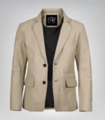 Men’s premium beige leather blazer jacket with two buttons and notch lapel