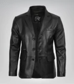 Men’s premium black leather blazer jacket with three buttons and traditional notch lapel