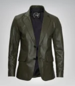 Men’s premium olive green leather blazer jacket with two buttons