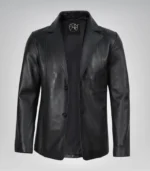 Men’s premium black leather blazer jacket with two buttons and notch lapel
