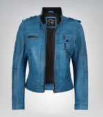Women’s Premium Blue Leather Biker Jacket Waxed Lambskin - Image 3