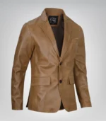 Men’s premium camel brown leather blazer jacket with two buttons
