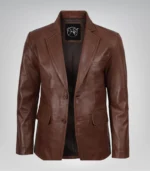 Men’s premium cognac waxed leather blazer jacket with two buttons