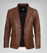 Men’s premium cognac leather blazer jacket with two buttons and notch lapel